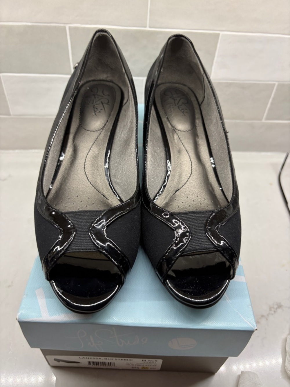 Life Stride Black Patent-Trim Peep Toe Wedges